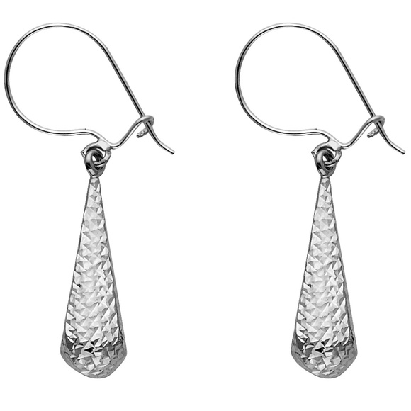 14K White Gold Diamond Cut Hollow Teardrop Hanging